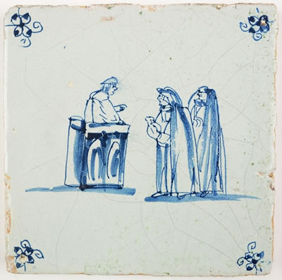 Antique Dutch Delft tile depicting the judgment of solomon 17th century